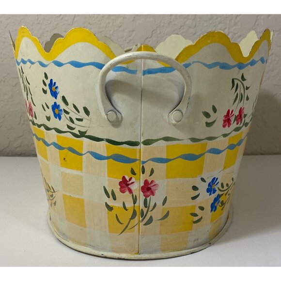 Vintage Metal Floral Flowers White Checkered Oval Basket 2 Handles Spring Summer - Picture 4 of 6